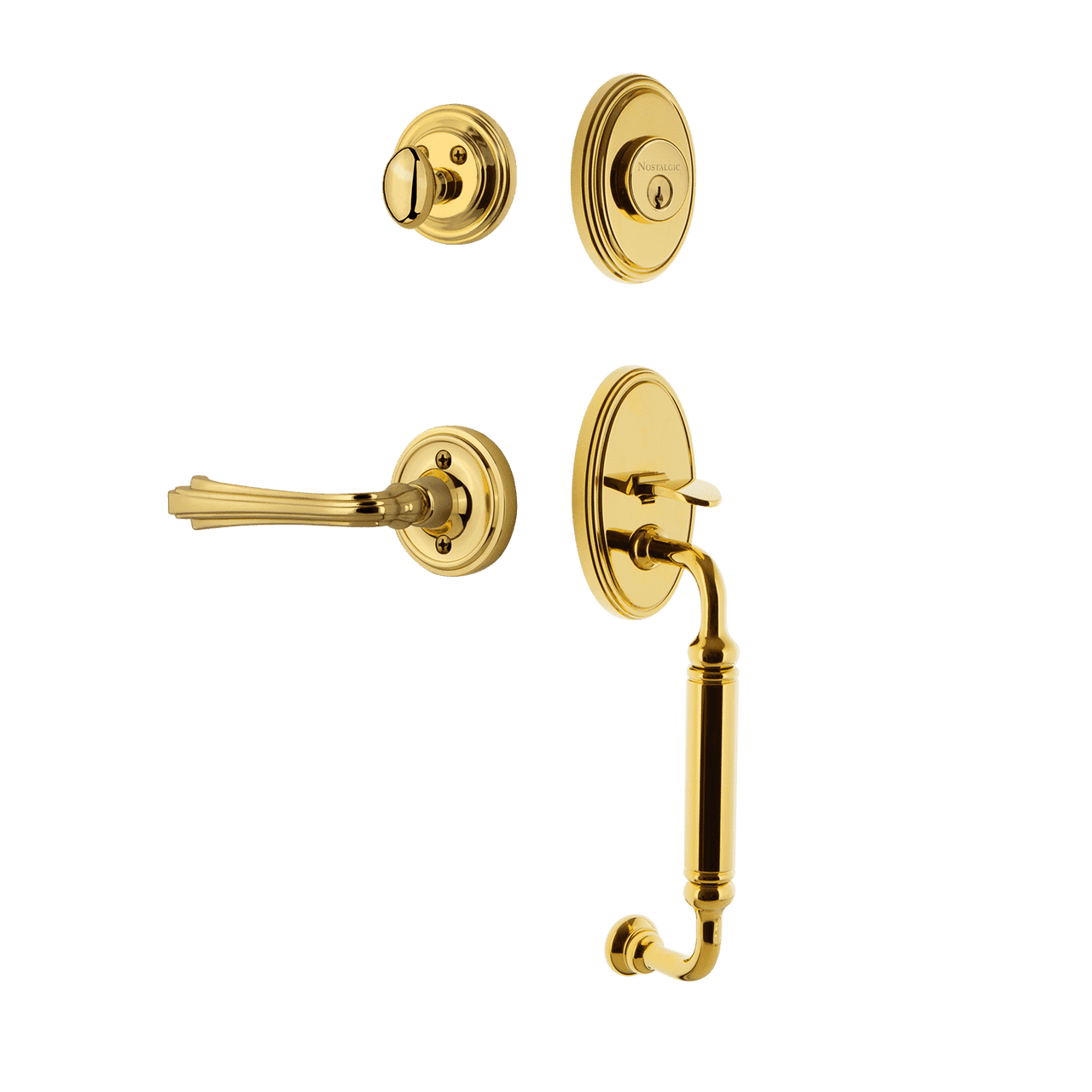 Nostalgic 769729: Entry Lockset w/Classic Backplate, C-Grip Exterior Handle and Fleur Interior Lever - Polished Brass