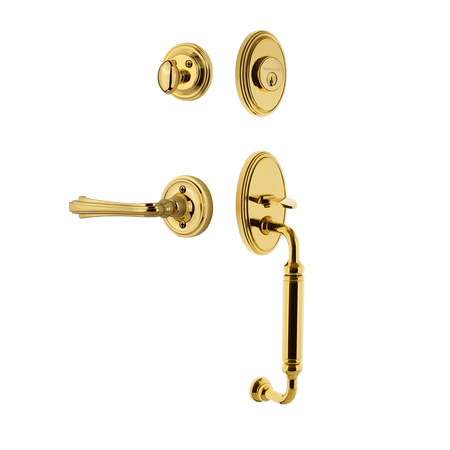 Nostalgic 769729: Entry Lockset w/Classic Backplate, C-Grip Exterior Handle and Fleur Interior Lever - Polished Brass