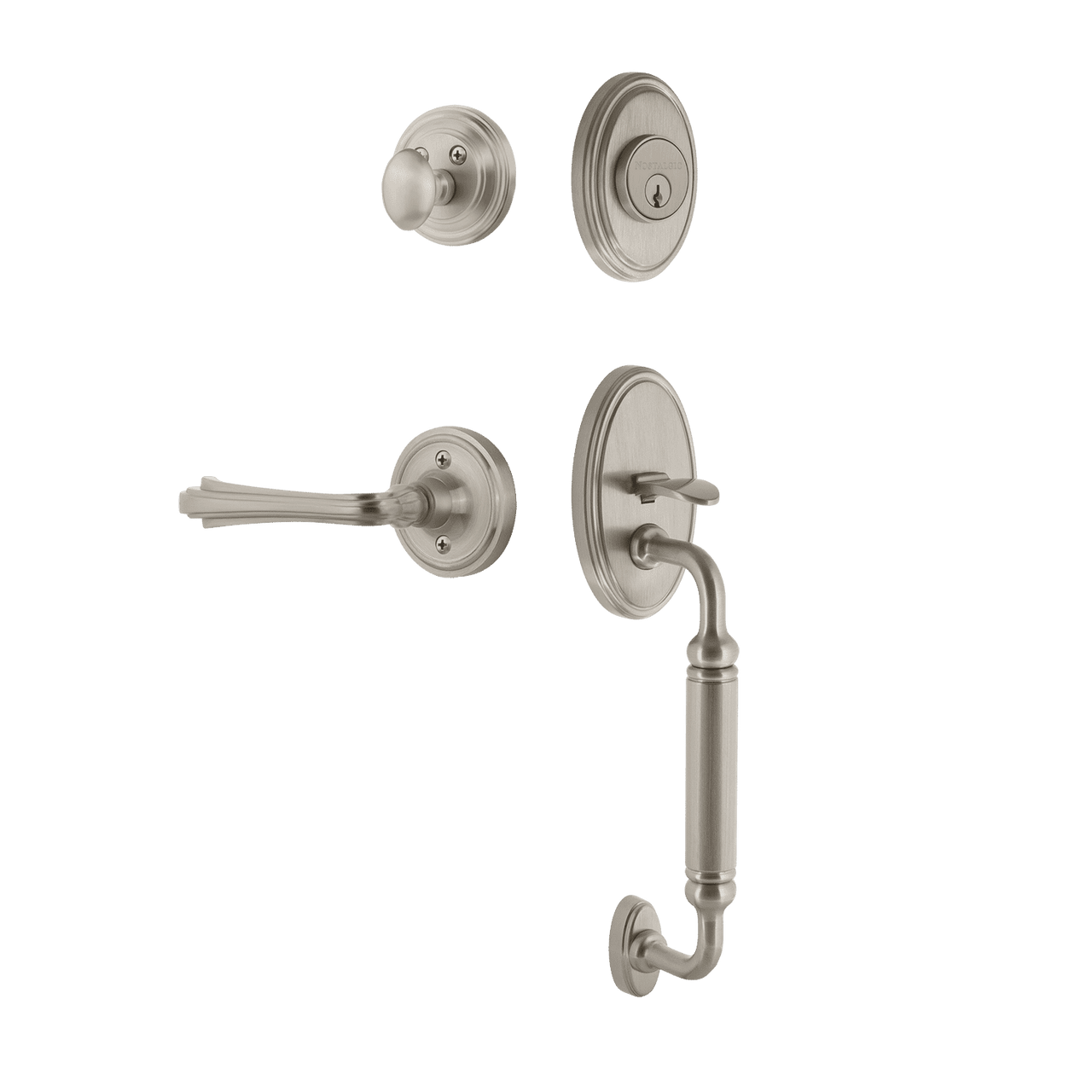Nostalgic 769779: Entry Lockset w/Classic Backplate, C-Grip Exterior Handle and Fleur Interior Lever - Satin Nickel