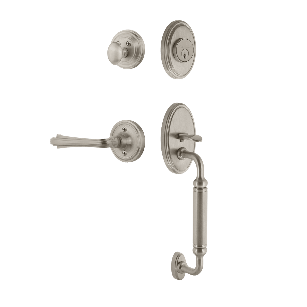 Nostalgic 768668: Entry Lockset w/Classic Backplate, C-Grip Exterior Handle and Fleur Interior Lever - Satin Nickel