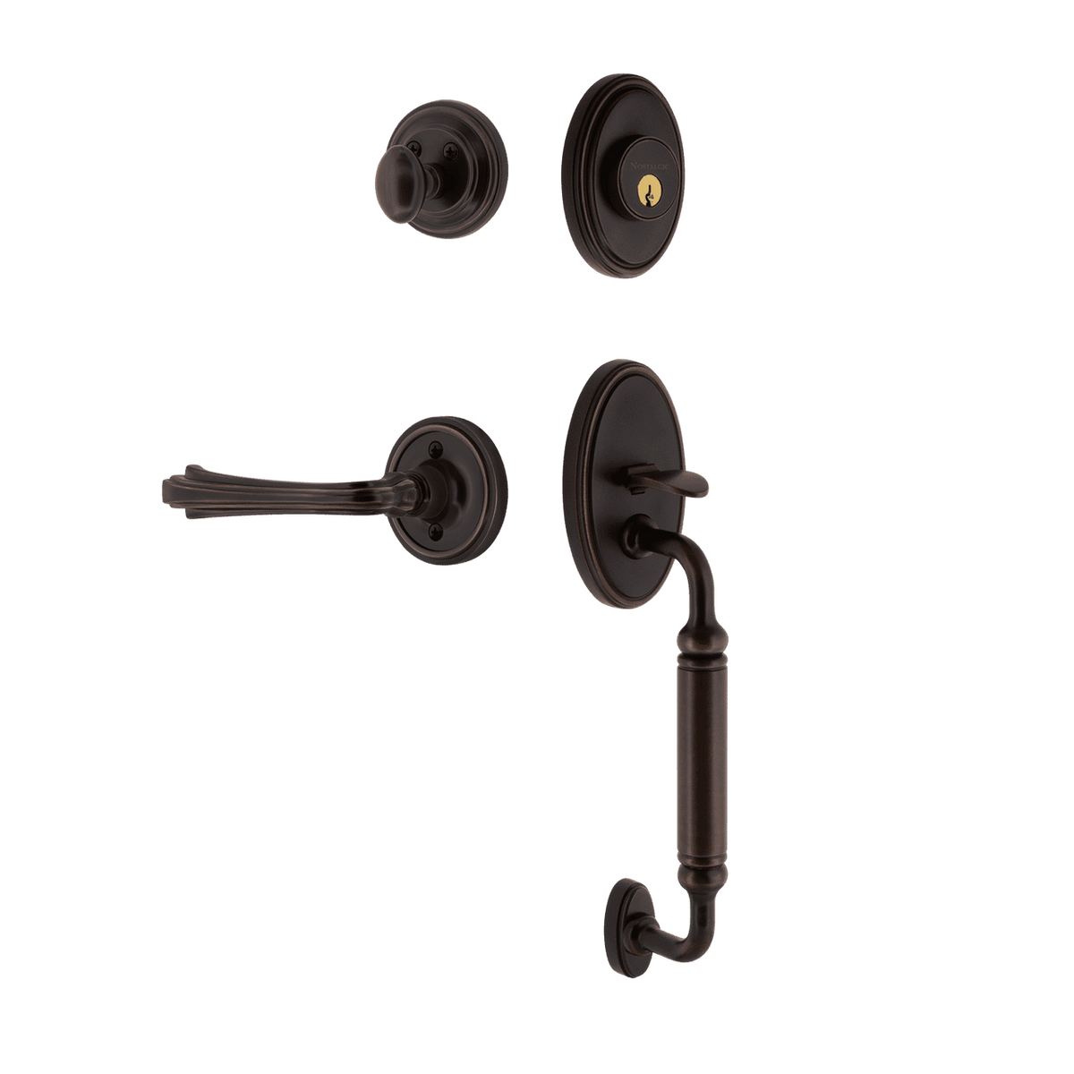 Nostalgic 769745: Entry Lockset w/Classic Backplate, C-Grip Exterior Handle and Fleur Interior Lever - Timeless Bronze