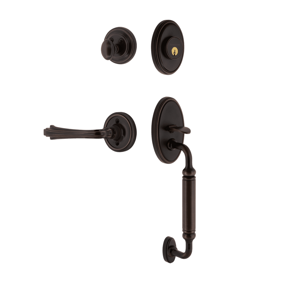 Nostalgic 769745: Entry Lockset w/Classic Backplate, C-Grip Exterior Handle and Fleur Interior Lever - Timeless Bronze