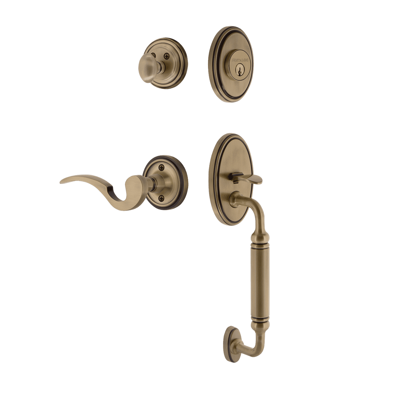 Nostalgic 767271: Entry Lockset w/Classic Backplate, C-Grip Exterior Handle and Manor Interior Lever - Antique Brass