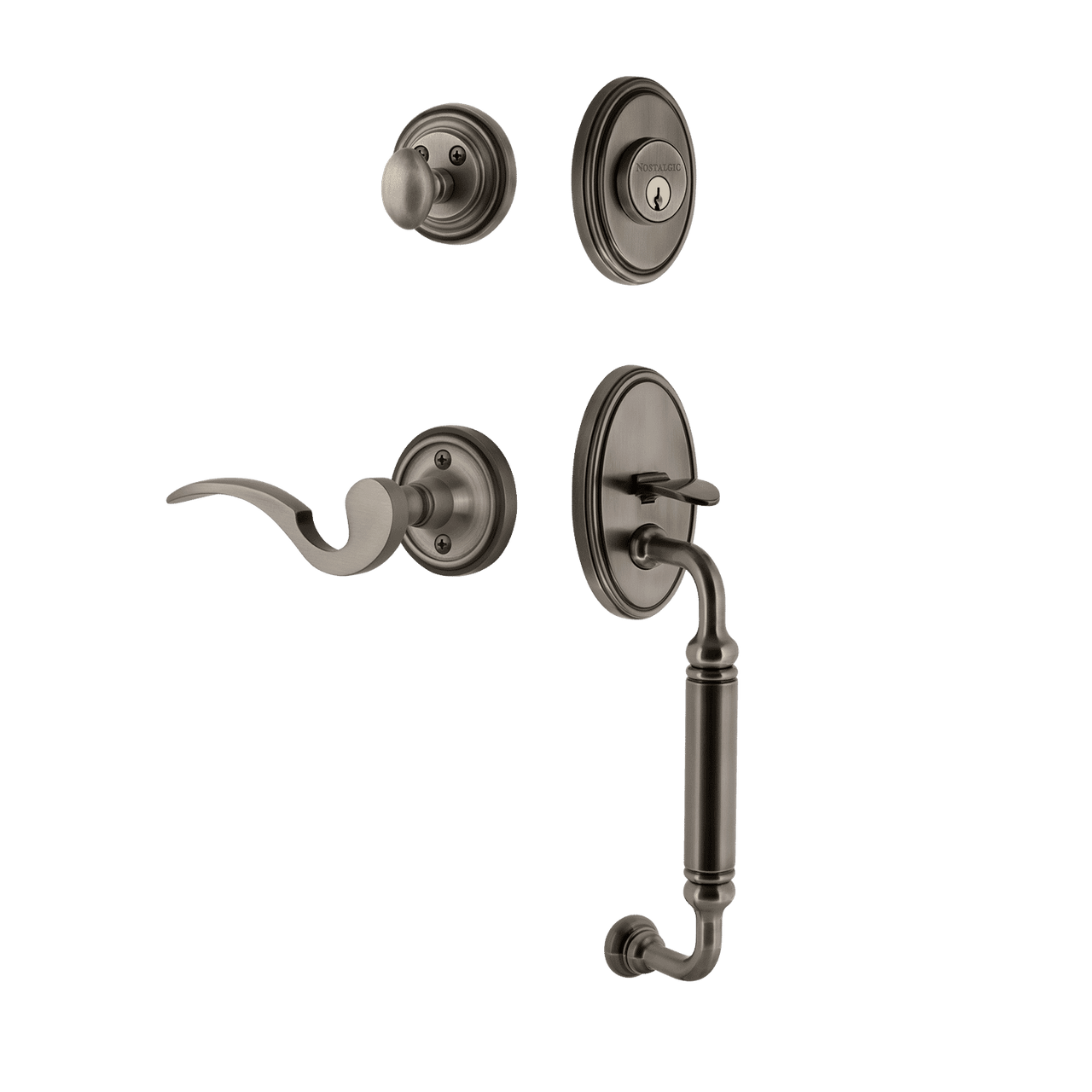 Nostalgic 767265: Entry Lockset w/Classic Backplate, C-Grip Exterior Handle and Manor Interior Lever - Antique Pewter