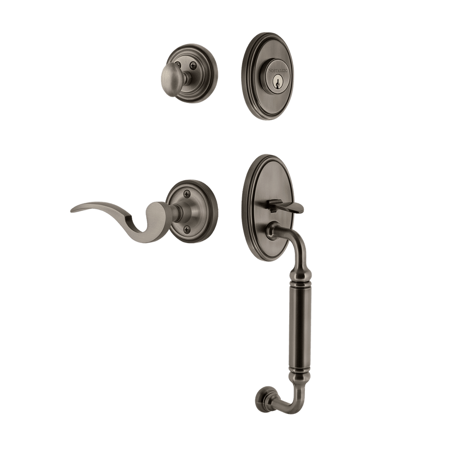 Nostalgic 769842: Entry Lockset w/Classic Backplate, C-Grip Exterior Handle and Manor Interior Lever - Antique Pewter