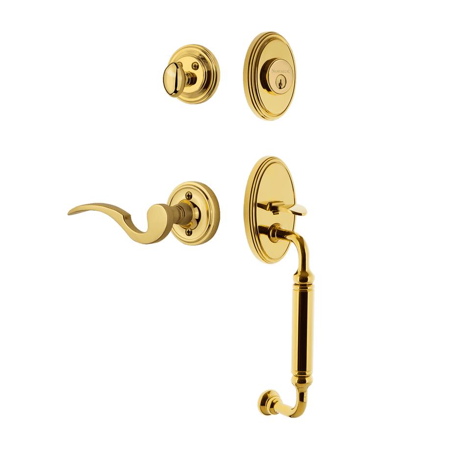Nostalgic 769840: Entry Lockset w/Classic Backplate, C-Grip Exterior Handle and Manor Interior Lever - Polished Brass
