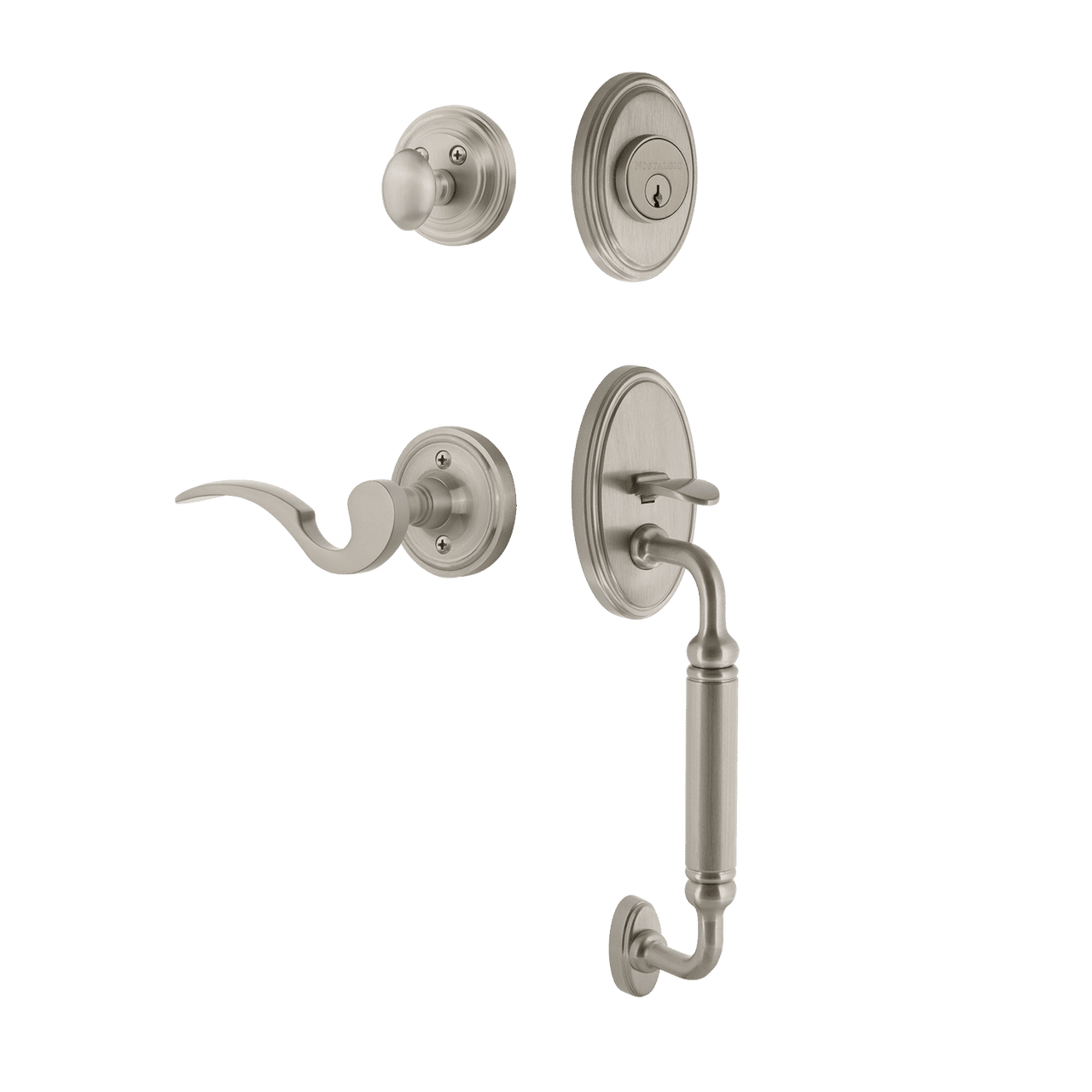 Nostalgic 769843: Entry Lockset w/Classic Backplate, C-Grip Exterior Handle and Manor Interior Lever - Satin Nickel