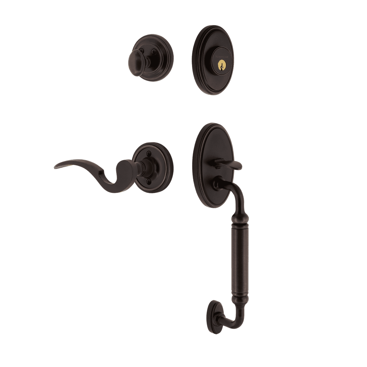 Nostalgic 769832: Entry Lockset w/Classic Backplate, C-Grip Exterior Handle and Manor Interior Lever - Timeless Bronze