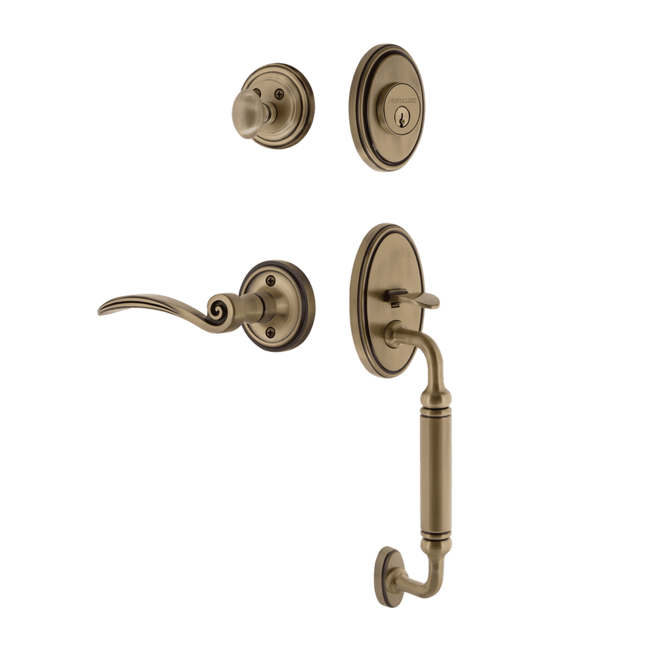 Nostalgic 769901: Entry Lockset w/Classic Backplate, C-Grip Exterior Handle and Swan Interior Lever - Antique Brass