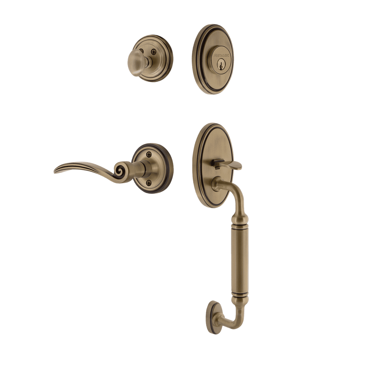 Nostalgic 767973: Entry Lockset w/Classic Backplate, C-Grip Exterior Handle and Swan Interior Lever - Antique Brass