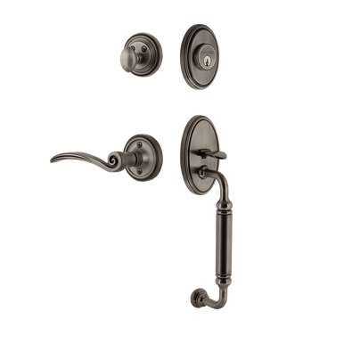 Nostalgic 767962: Entry Lockset w/Classic Backplate, C-Grip Exterior Handle and Swan Interior Lever - Antique Pewter