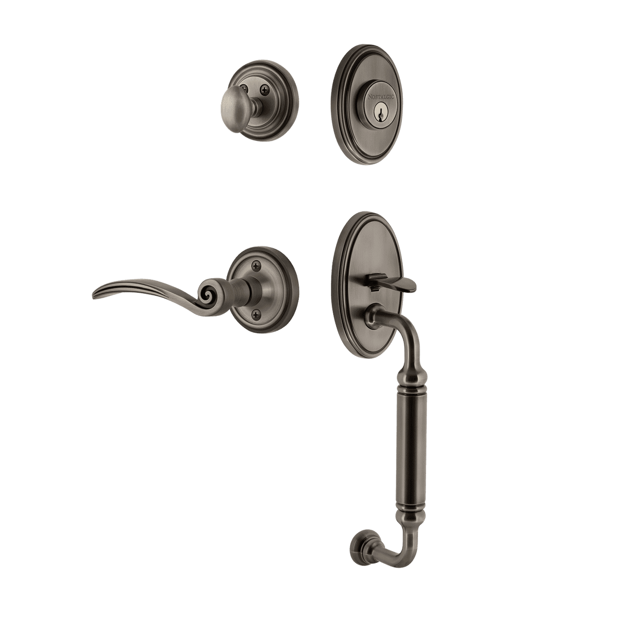 Nostalgic 769857: Entry Lockset w/Classic Backplate, C-Grip Exterior Handle and Swan Interior Lever - Antique Pewter