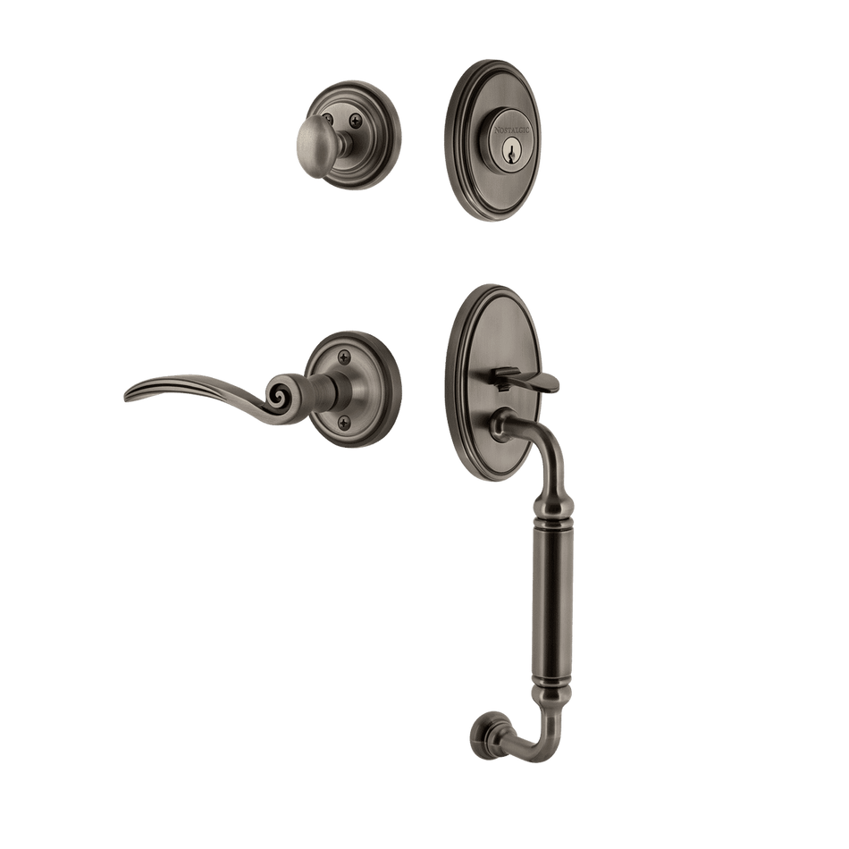 Nostalgic 767963: Entry Lockset w/Classic Backplate, C-Grip Exterior Handle and Swan Interior Lever - Antique Pewter