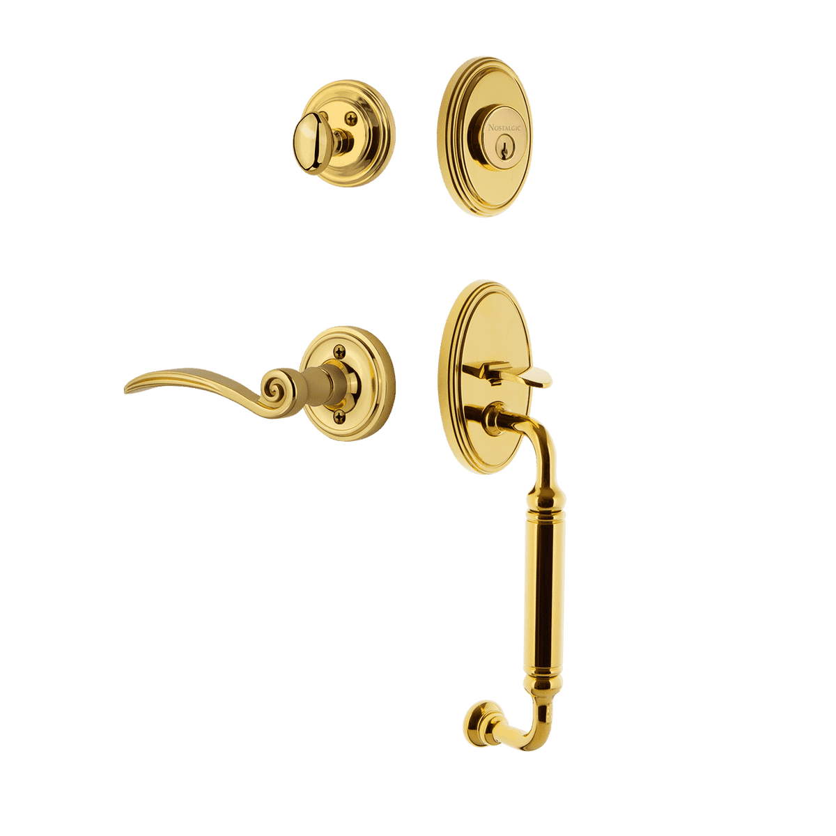 Nostalgic 769856: Entry Lockset w/Classic Backplate, C-Grip Exterior Handle and Swan Interior Lever - Polished Brass