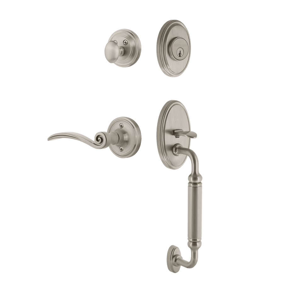 Nostalgic 767966: Entry Lockset w/Classic Backplate, C-Grip Exterior Handle and Swan Interior Lever - Satin Nickel