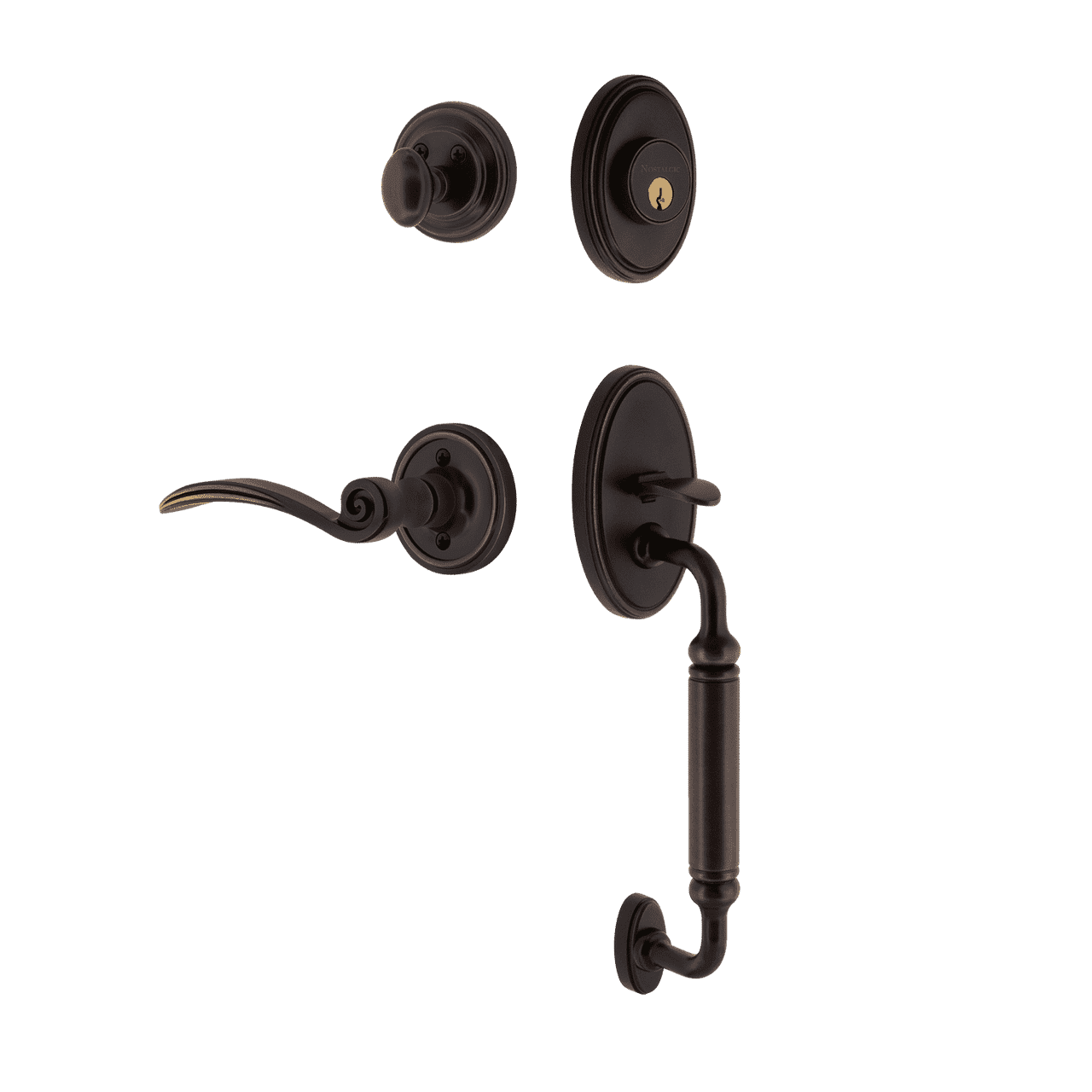 Nostalgic 769858: Entry Lockset w/Classic Backplate, C-Grip Exterior Handle and Swan Interior Lever - Timeless Bronze