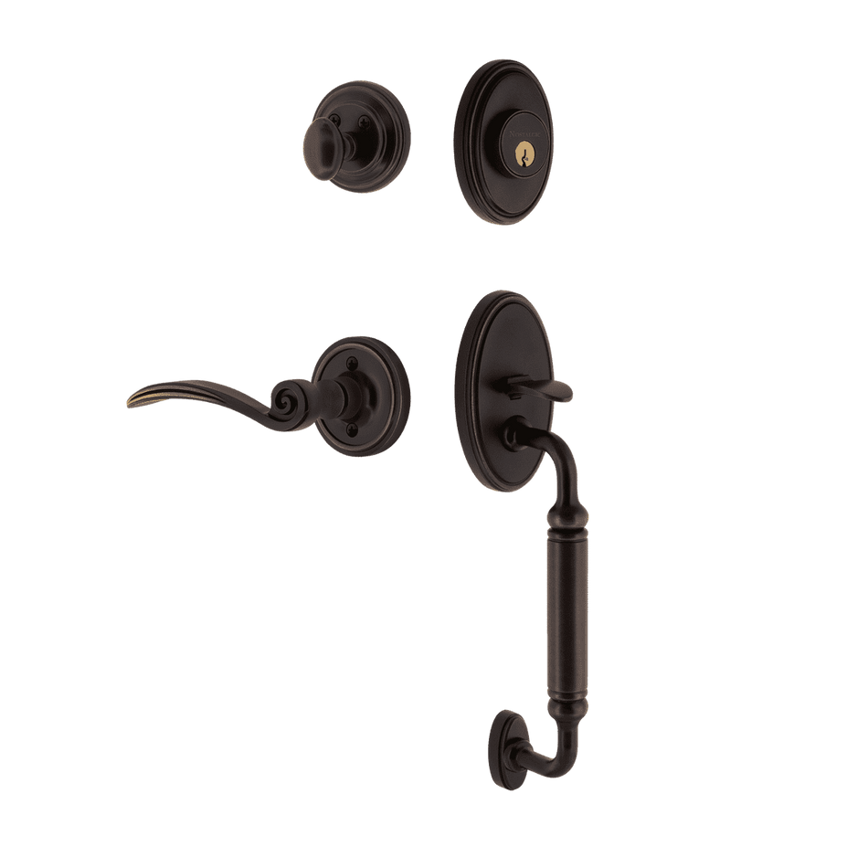 Nostalgic 769891: Entry Lockset w/Classic Backplate, C-Grip Exterior Handle and Swan Interior Lever - Timeless Bronze