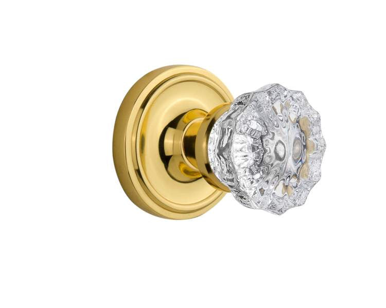 Nostalgic 701123: Classic Rosette w/Clear Crystal Glass Knob Privacy Door Set - Polished Brass