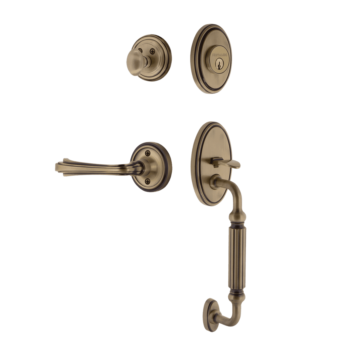 Nostalgic 769738: Entry Lockset w/Classic Backplate, F-Grip Exterior Handle and Fleur Interior Lever - Antique Brass