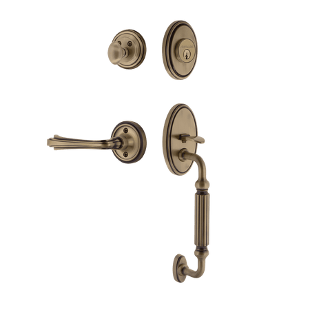 Nostalgic 768694: Entry Lockset w/Classic Backplate, F-Grip Exterior Handle and Fleur Interior Lever - Antique Brass