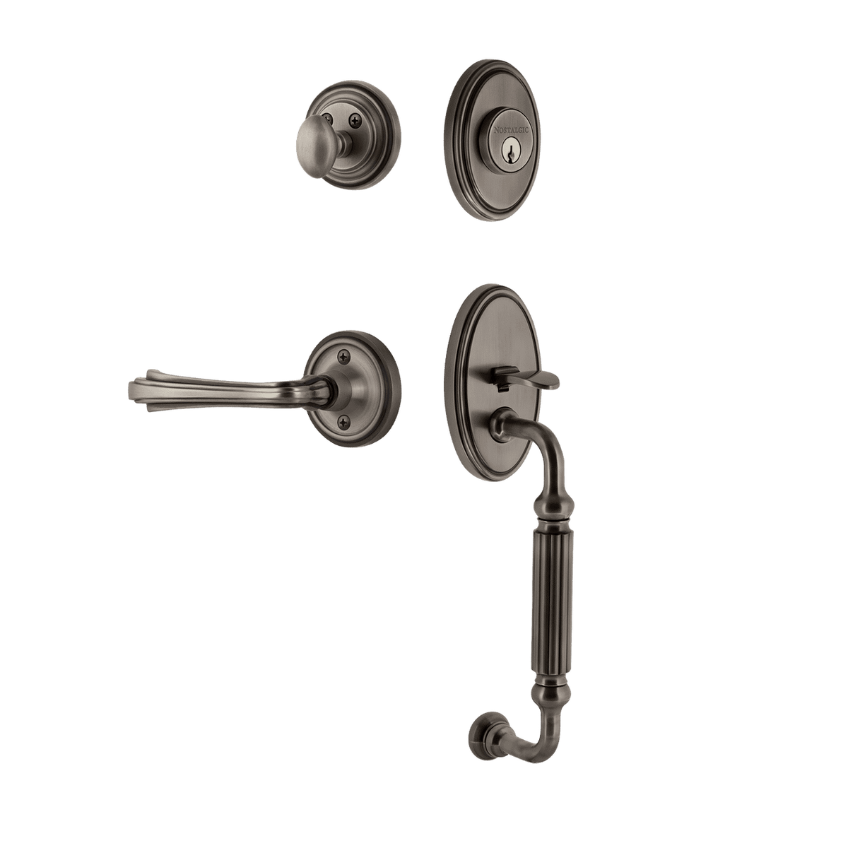 Nostalgic 769773: Entry Lockset w/Classic Backplate, F-Grip Exterior Handle and Fleur Interior Lever - Antique Pewter
