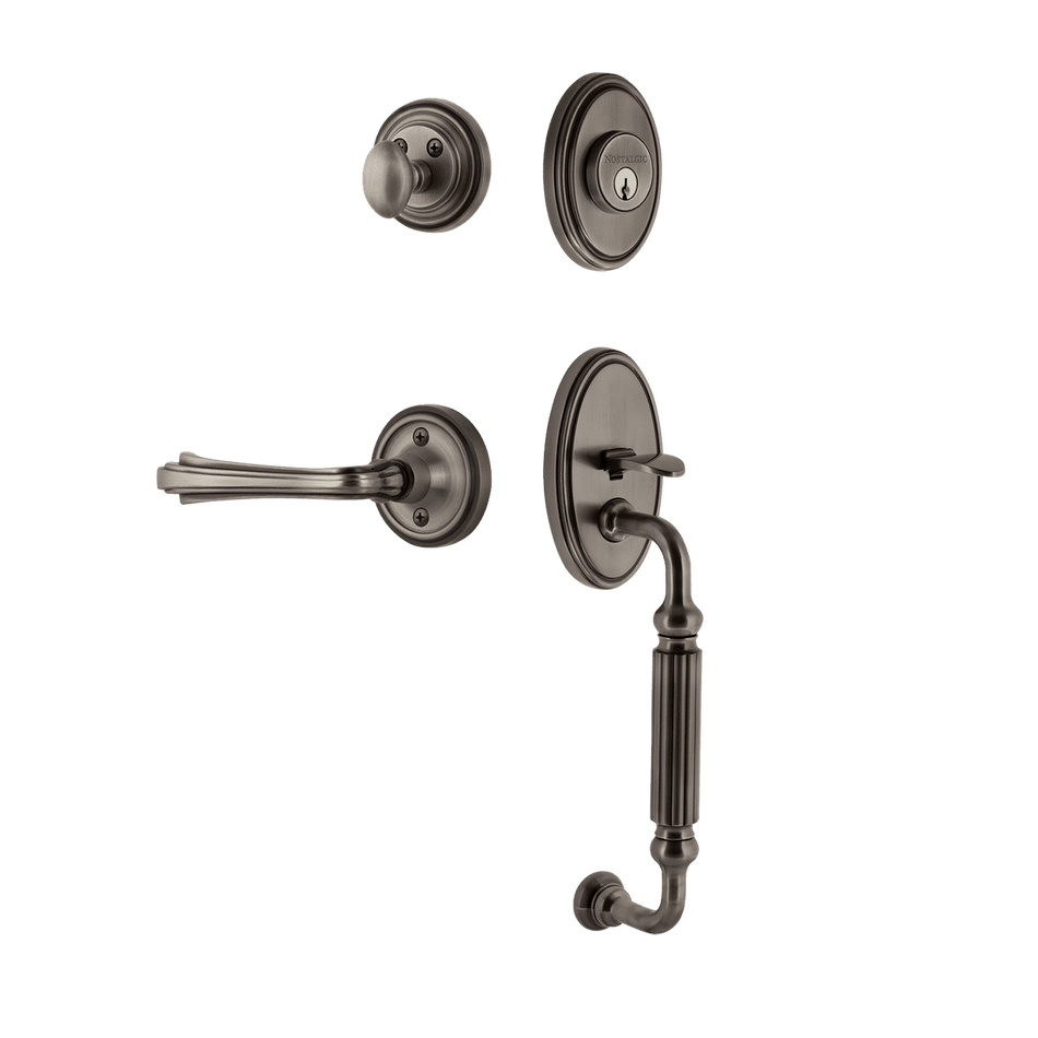 Nostalgic 769773: Entry Lockset w/Classic Backplate, F-Grip Exterior Handle and Fleur Interior Lever - Antique Pewter