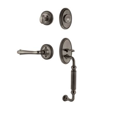 Nostalgic 768683: Entry Lockset w/Classic Backplate, F-Grip Exterior Handle and Fleur Interior Lever - Antique Pewter