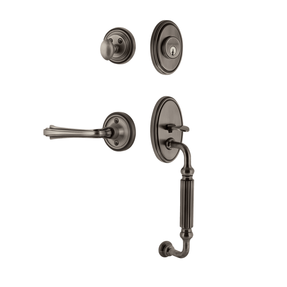 Nostalgic 768684: Entry Lockset w/Classic Backplate, F-Grip Exterior Handle and Fleur Interior Lever - Antique Pewter