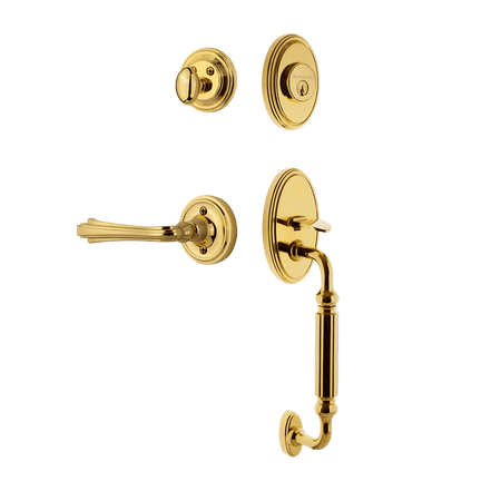 Nostalgic 769775: Entry Lockset w/Classic Backplate, F-Grip Exterior Handle and Fleur Interior Lever - Polished Brass