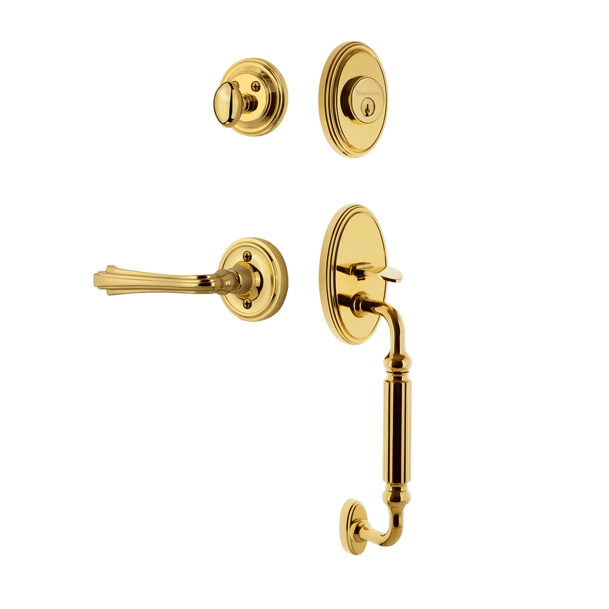 Nostalgic 768685: Entry Lockset w/Classic Backplate, F-Grip Exterior Handle and Fleur Interior Lever - Polished Brass