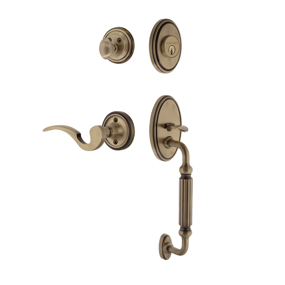 Nostalgic 769821: Entry Lockset w/Classic Backplate, F-Grip Exterior Handle and Manor Interior Lever - Antique Brass