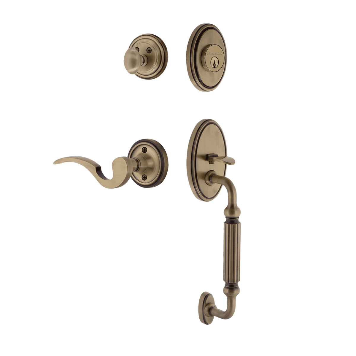 Nostalgic 767300: Entry Lockset w/Classic Backplate, F-Grip Exterior Handle and Manor Interior Lever - Antique Brass