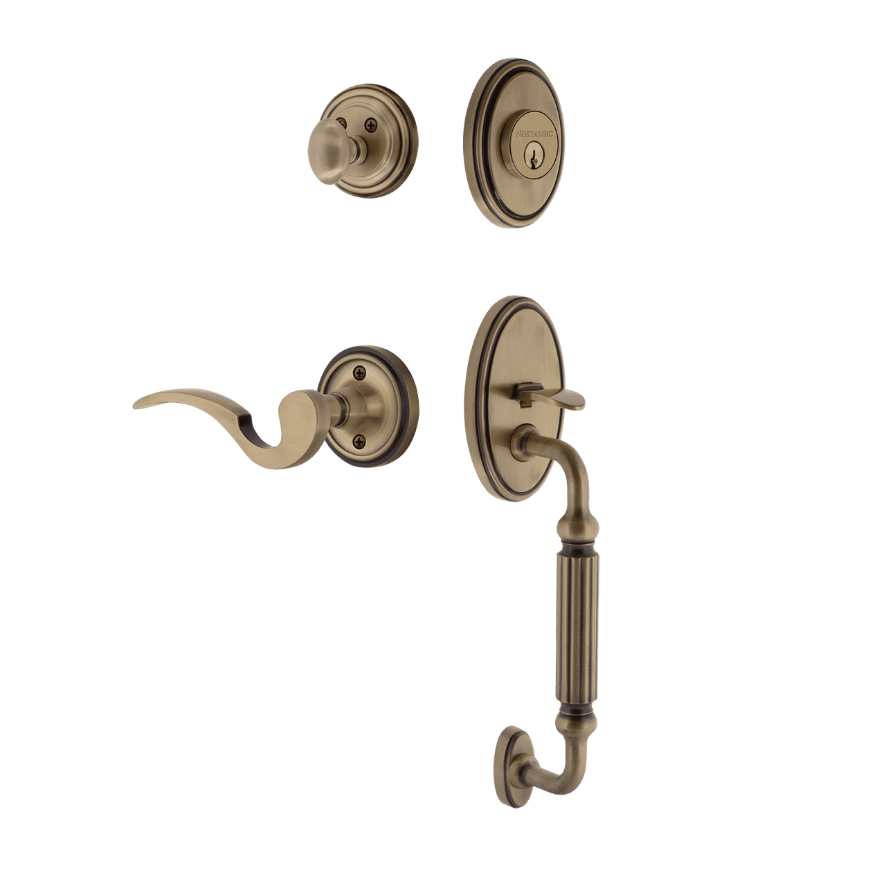 Nostalgic 769819: Entry Lockset w/Classic Backplate, F-Grip Exterior Handle and Manor Interior Lever - Antique Brass