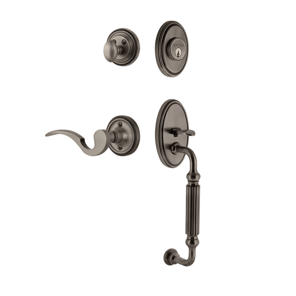 Nostalgic 769844: Entry Lockset w/Classic Backplate, F-Grip Exterior Handle and Manor Interior Lever - Antique Pewter