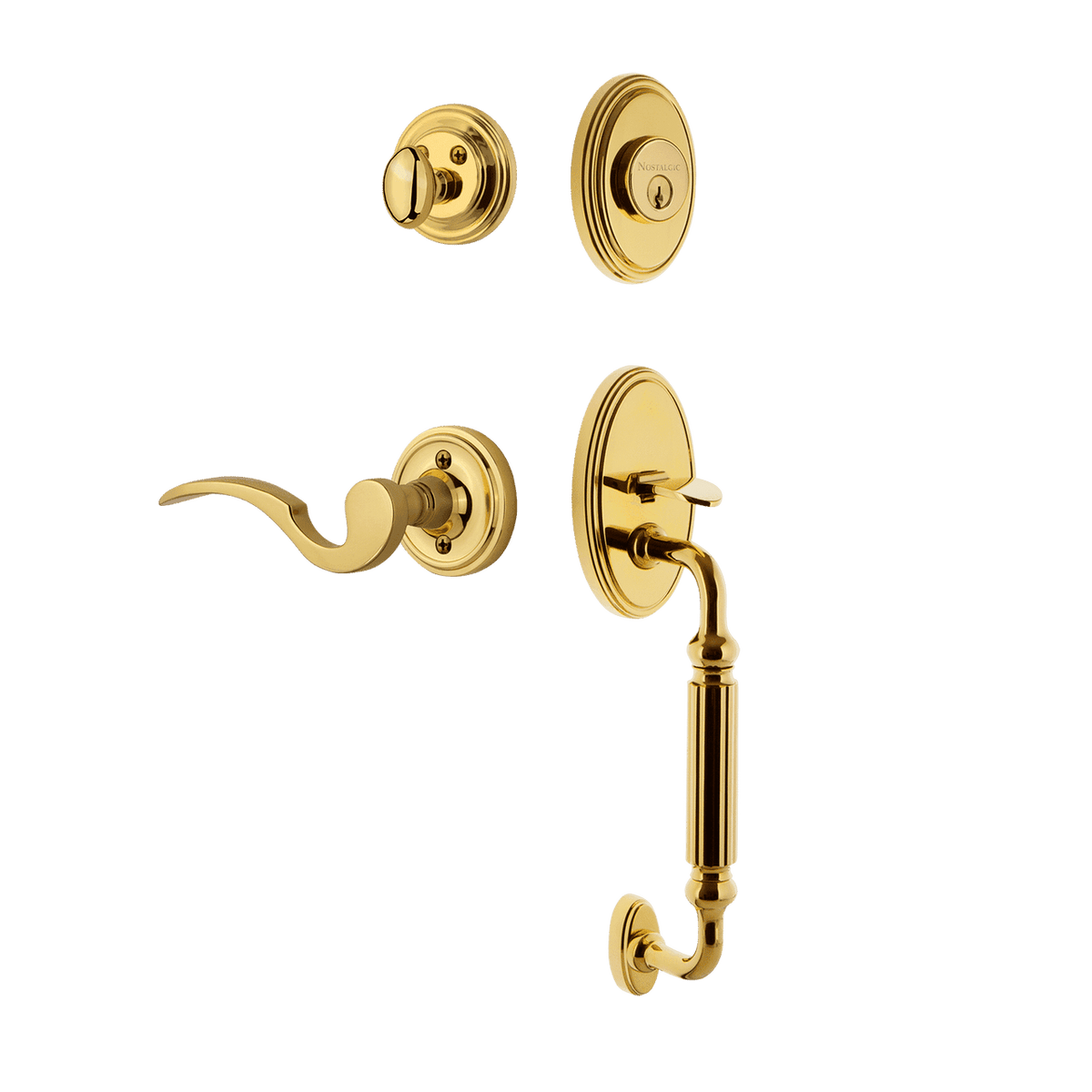 Nostalgic 769850: Entry Lockset w/Classic Backplate, F-Grip Exterior Handle and Manor Interior Lever - Polished Brass