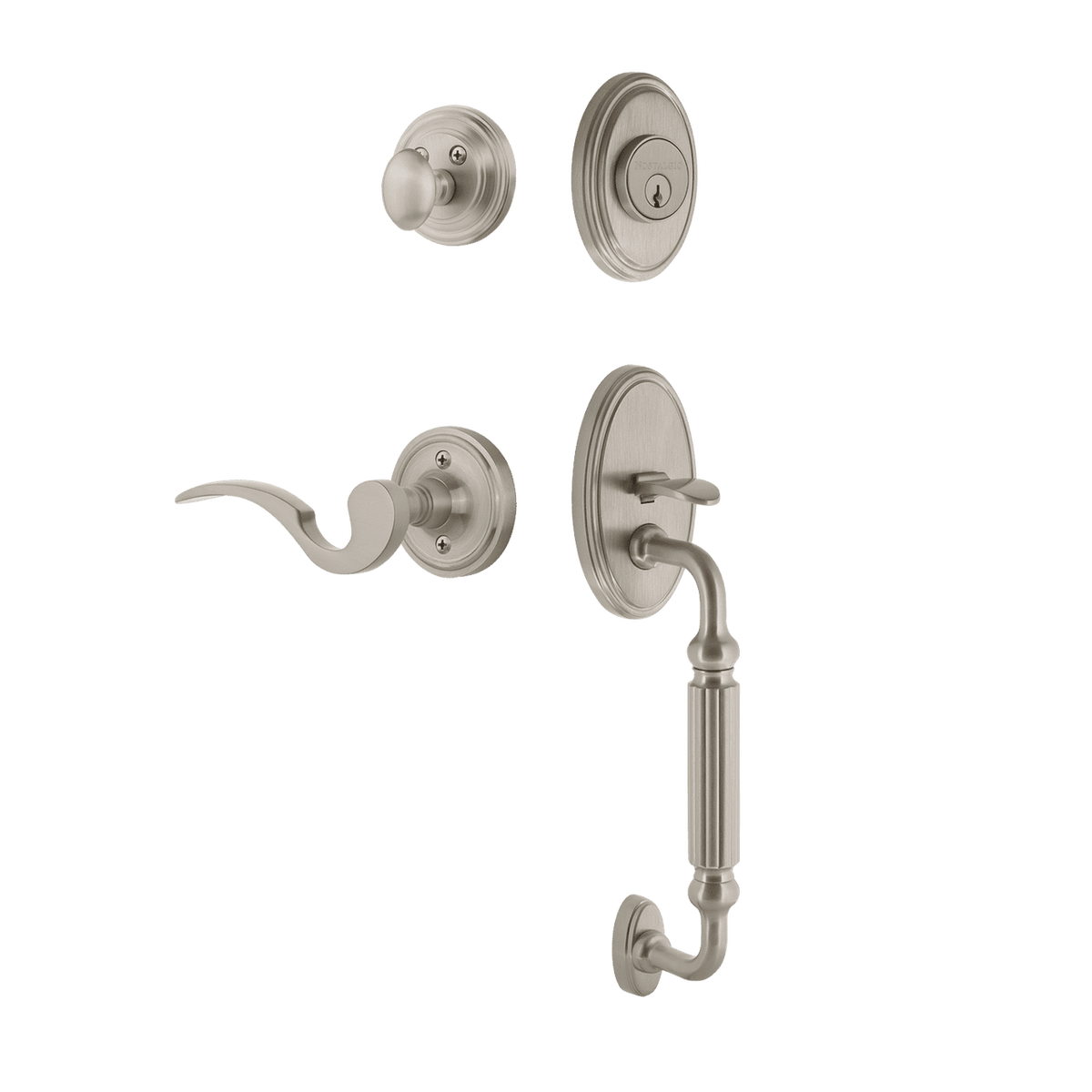 Nostalgic 769818: Entry Lockset w/Classic Backplate, F-Grip Exterior Handle and Manor Interior Lever - Satin Nickel