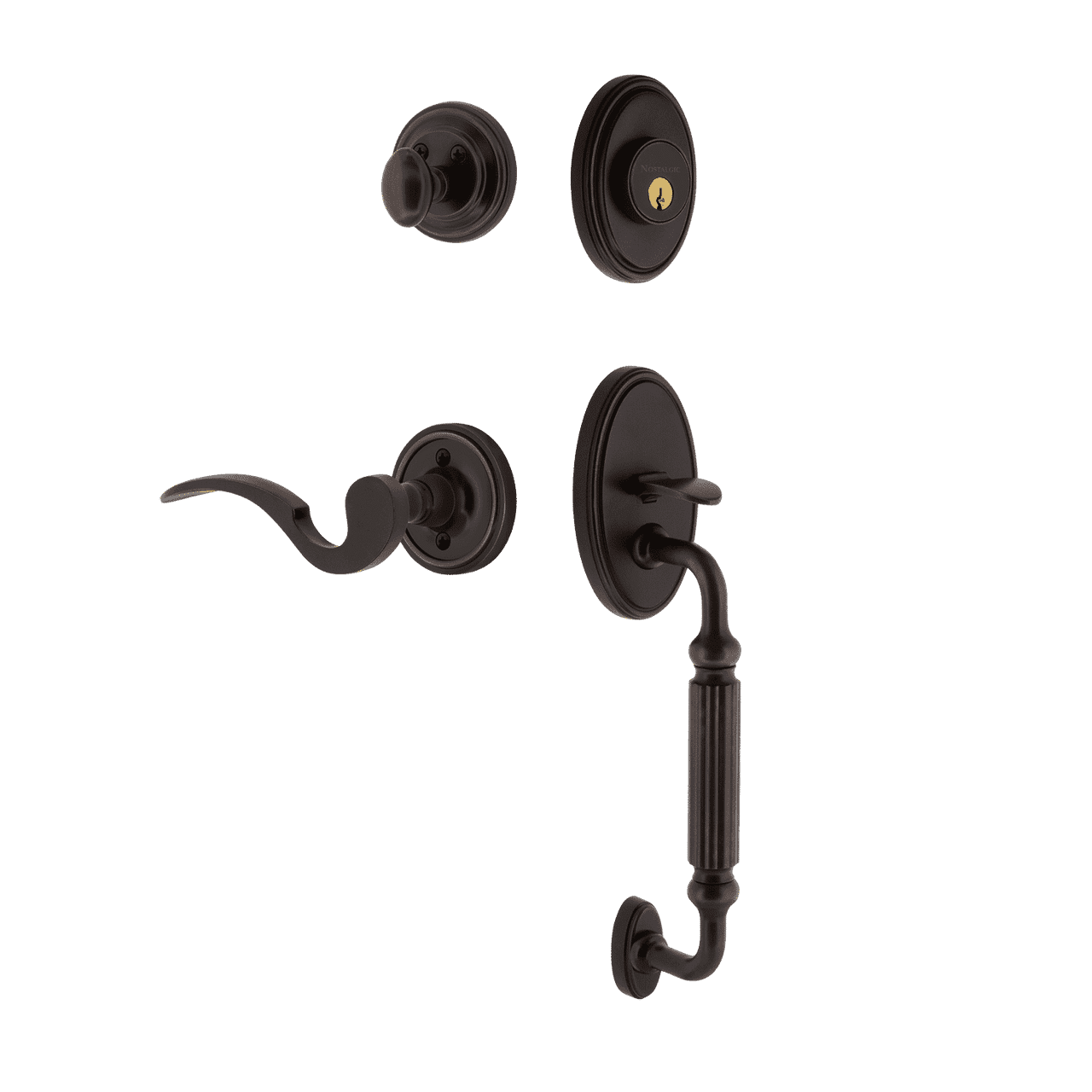 Nostalgic 767294: Entry Lockset w/Classic Backplate, F-Grip Exterior Handle and Manor Interior Lever - Timeless Bronze