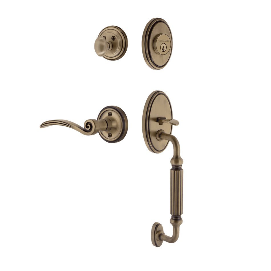 Nostalgic 769907: Entry Lockset w/Classic Backplate, F-Grip Exterior Handle and Swan Interior Lever - Antique Brass