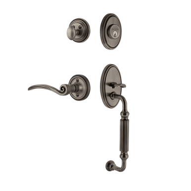 Nostalgic 767987: Entry Lockset w/Classic Backplate, F-Grip Exterior Handle and Swan Interior Lever - Antique Pewter