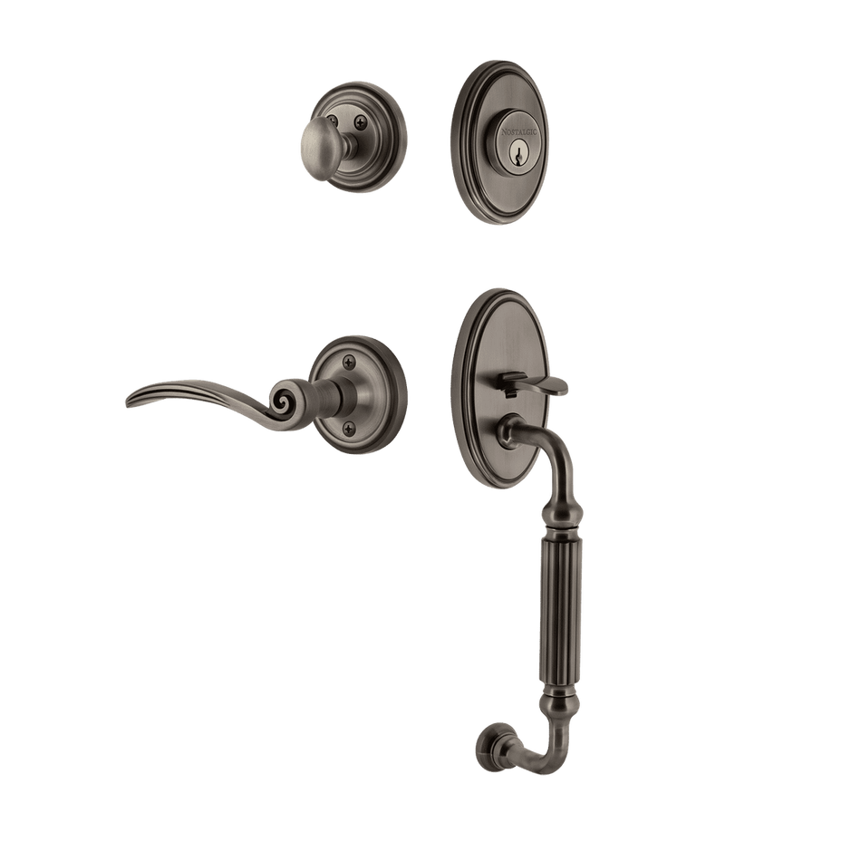Nostalgic 767986: Entry Lockset w/Classic Backplate, F-Grip Exterior Handle and Swan Interior Lever - Antique Pewter