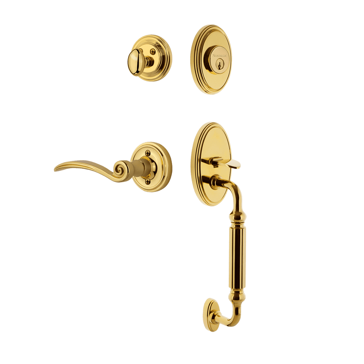Nostalgic 767993: Entry Lockset w/Classic Backplate, F-Grip Exterior Handle and Swan Interior Lever - Polished Brass