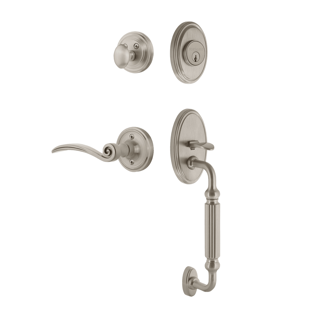 Nostalgic 767990: Entry Lockset w/Classic Backplate, F-Grip Exterior Handle and Swan Interior Lever - Satin Nickel