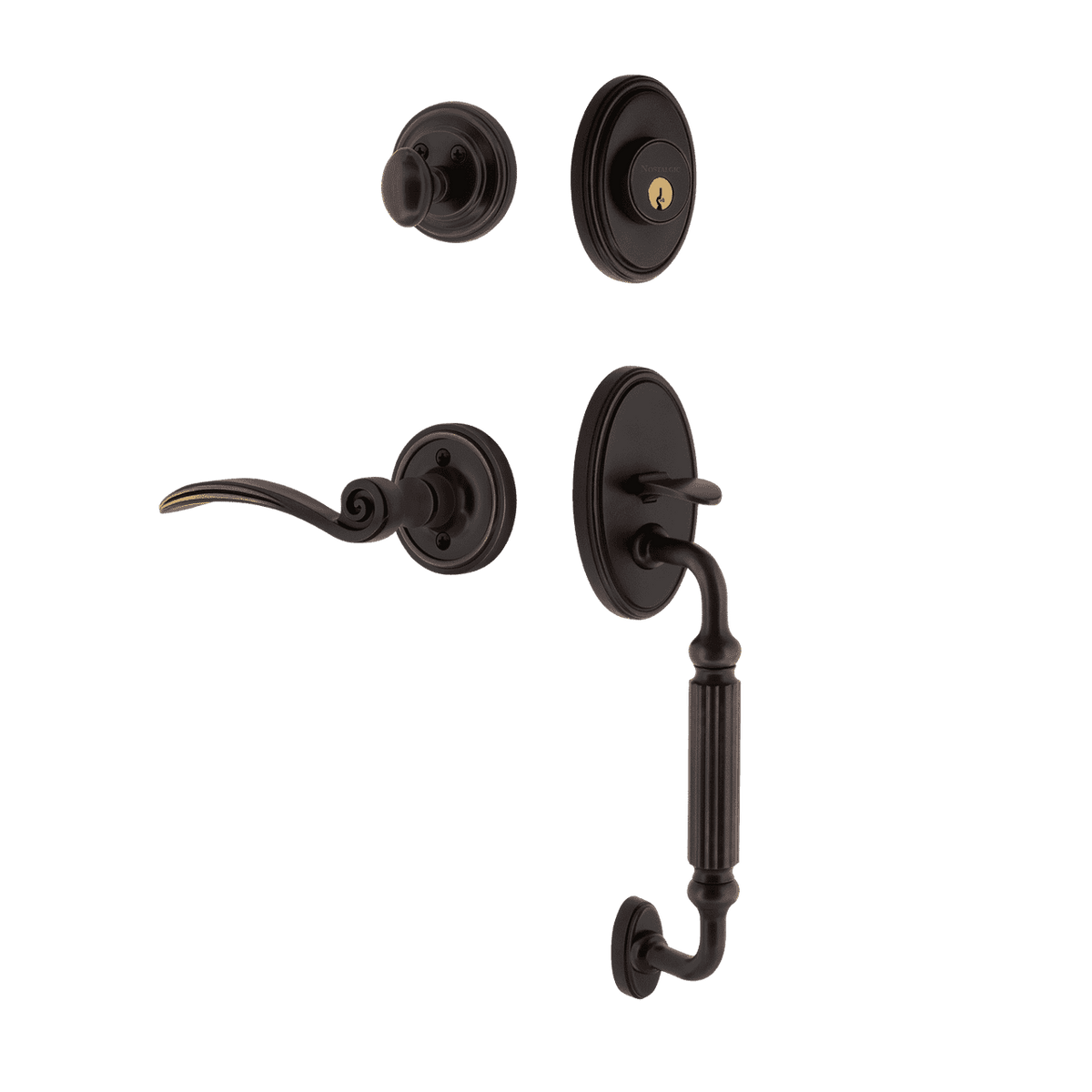 Nostalgic 769862: Entry Lockset w/Classic Backplate, F-Grip Exterior Handle and Swan Interior Lever - Timeless Bronze