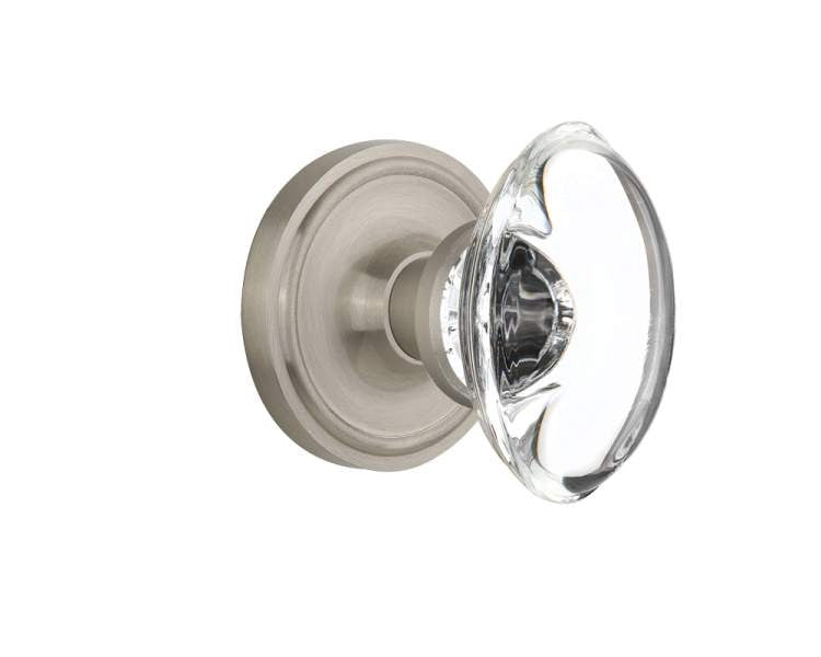 Nostalgic 711613: Classic Rosette w/Oval Clear Glass Crystal Knob Privacy Door Set - Satin Nickel