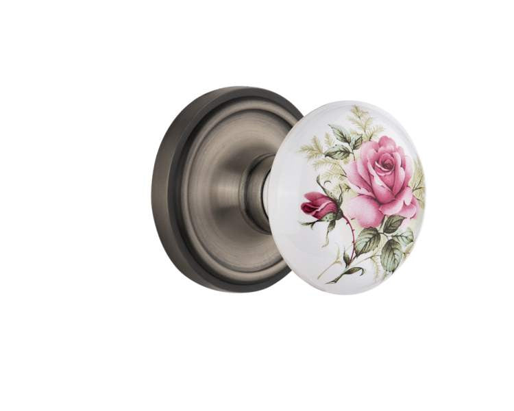 Nostalgic 710977: Classic Rosette w/White Rose Porcelain Knob Single Dummy Door Set - Antique Pewter