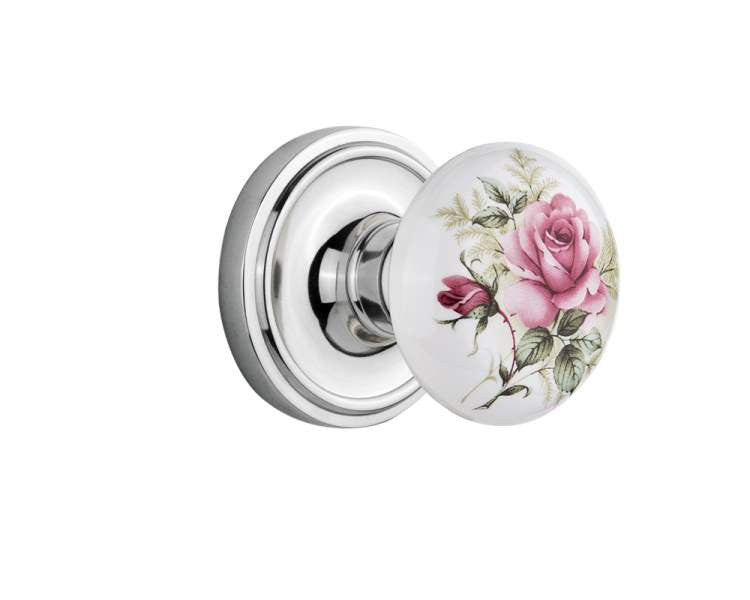 Nostalgic 711170: Classic Rosette w/White Rose Porcelain Knob Privacy Door Set - Bright Chrome