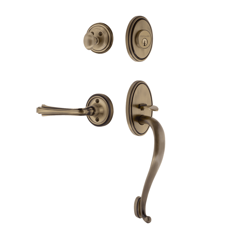 Nostalgic 768713: Entry Lockset w/Classic Backplate, S-Grip Exterior Handle and Fleur Interior Lever - Antique Brass
