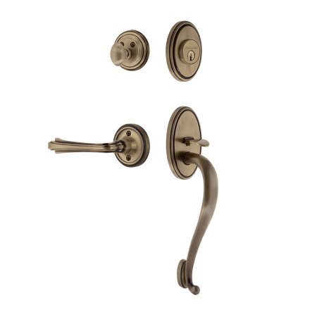 Nostalgic 768718: Entry Lockset w/Classic Backplate, S-Grip Exterior Handle and Fleur Interior Lever - Antique Brass