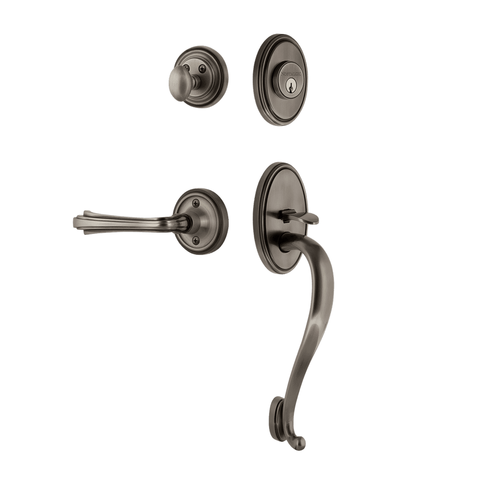 Nostalgic 768707: Entry Lockset w/Classic Backplate, S-Grip Exterior Handle and Fleur Interior Lever - Antique Pewter