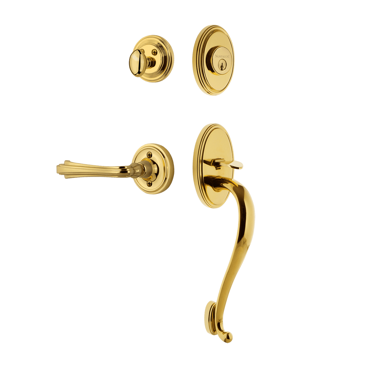 Nostalgic 769717: Entry Lockset w/Classic Backplate, S-Grip Exterior Handle and Fleur Interior Lever - Polished Brass
